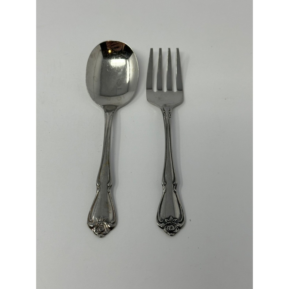 1881 Rogers Stainless Oneida ~ Arbor Rose / True Rose ~ Baby Fork & Spoon E1